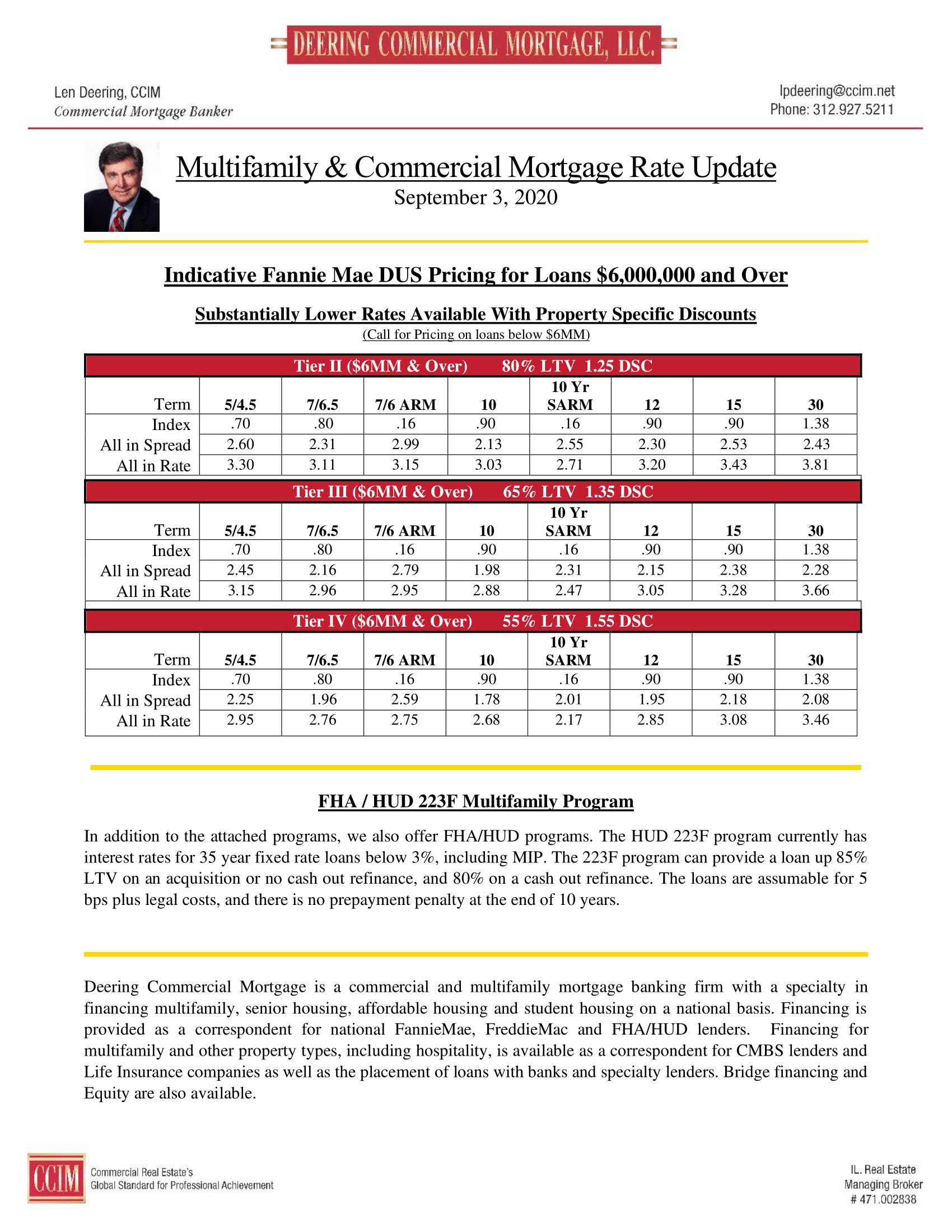 DCM RateSheet 09 03 2020 Deering Commercial Mortgage LLC